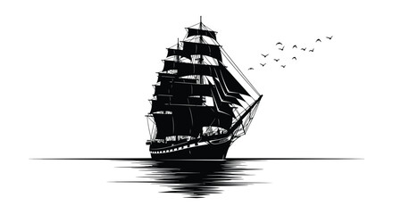 A striking black silhouette of a tall sailing ship with birds overhead on water © Meem