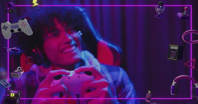 Gamer adjusting controller, laughing then reacting to surprise on stream as icons line neon border