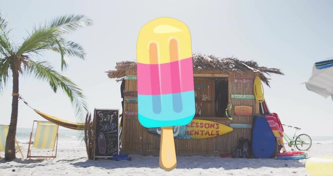Popsicle graphic staying centered, obscuring surf shack as breeze shifting palm, beach marketing