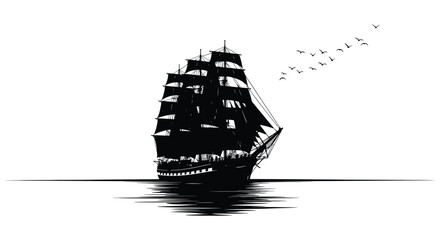 A striking black and white illustration of a tall sailing ship with flying birds © Meem
