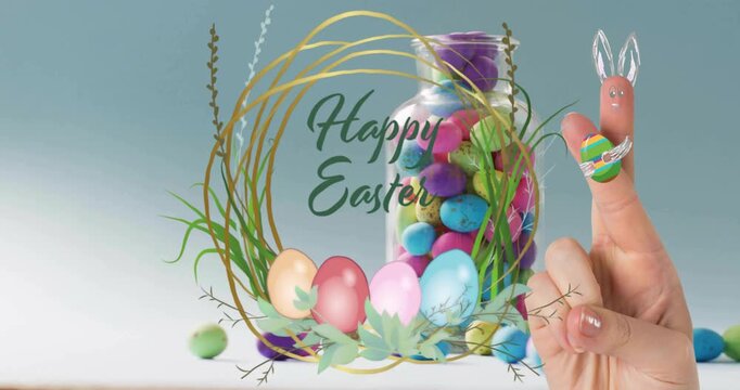 Wreath framing 'Happy Easter', jar spilling eggs as finger entering and tapping, creating greeting