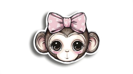 Fototapeta premium Cute Baby Monkey Face with Pink Bow Illustration.