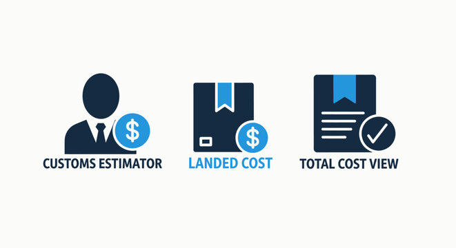 Finance icons: customs estimator, landed cost, and total cost view for shipping, import, and expense tracking