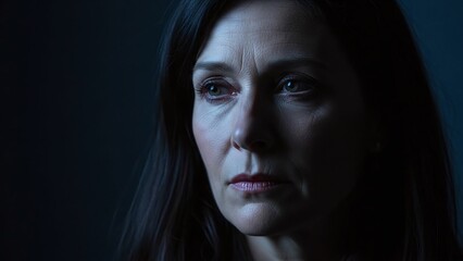 Fototapeta premium Woman with Sad Expression in Darkness.
