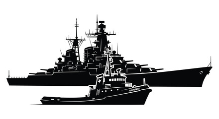 Detailed silhouette of a large battleship with a tugboat escorting it © Meem