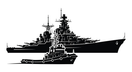 Black and white silhouette of a large battleship with a tugboat escorting it © Meem