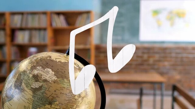 Camera panning right, showing globe with white music note, focusing subject over blurred school set