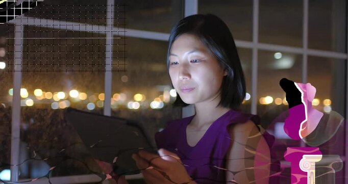 Woman by window, turning to tablet, tapping and reviewing tech designs while pink overlays shifting
