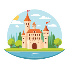 Cartoon castle illustration with turrets flags and water landscape design © dara
