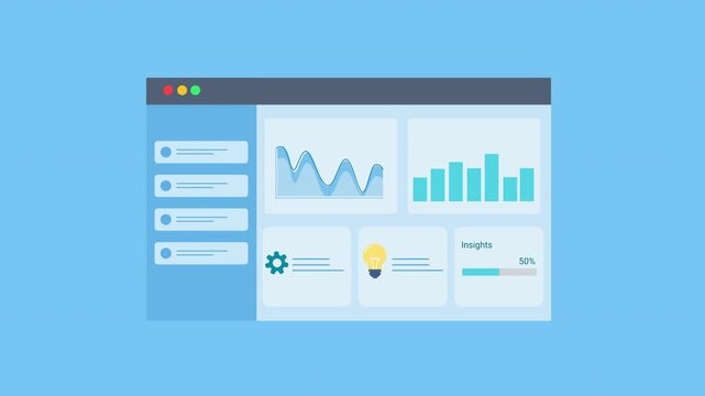 Animated data analytics dashboard interface with charts, graphs, and control icons. Flat vector motion design representing digital business monitoring, reporting, and technology analytics panel.
