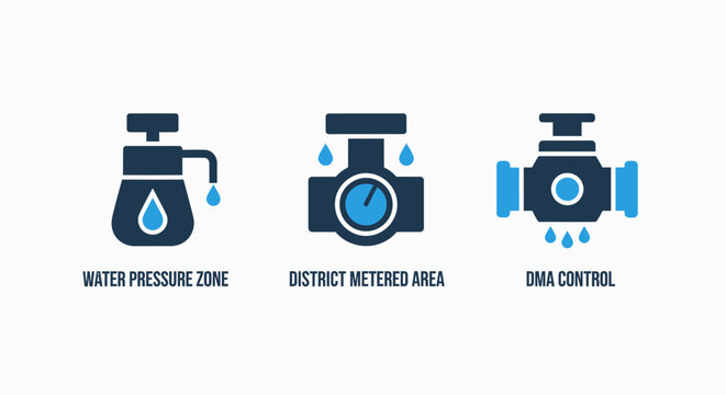 Icons for water pressure, metered area, and dma control in blue and dark blue on white background