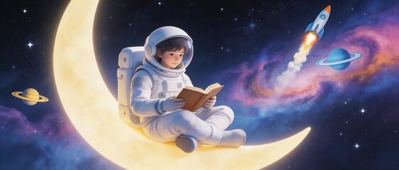 Cute astronaut reading book while sitting on crescent moon in colorful galaxy sky with planets and rocket, dreamy space fantasy illustration, imagination and learning concept