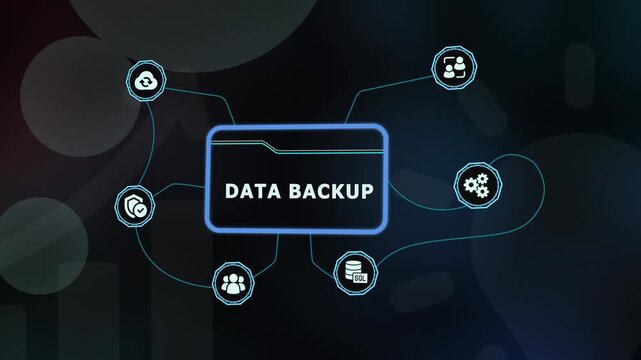 Automated data backup solutions with recovery icons and secure digital archiving for business continuity planning