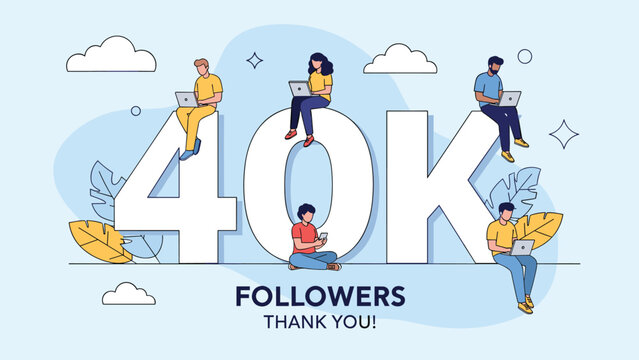 Milestone celebration of reaching 40k followers with diverse people using gadgets around large white letters on blue.