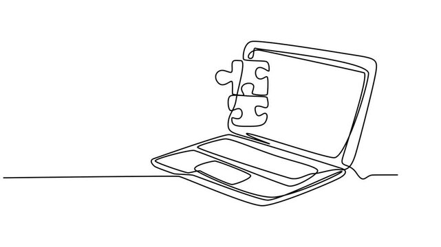 Self drawing line animation laptop computer with puzzle pieces business solution continuous one single line drawn concept video, Continuous line drawing Puzzle. Teamwork. Network concept on laptop pro