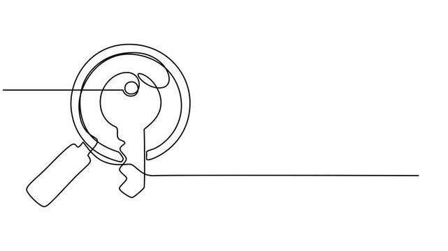 magnifying glass and key animation continuous one line drawing, Simple line art illustration of a key inside a magnifying glass, Looking for key linear icon. Investigating to solve problem. Searching.