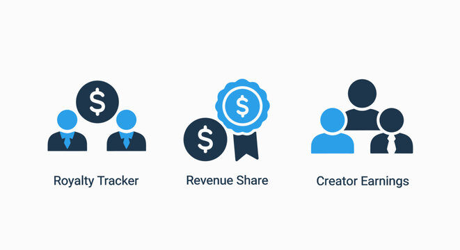 Creator economy icons: royalty tracker, revenue share, and earnings for online content creators, financial management and business growth, flat design, dollar sign