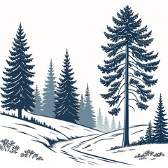 Fototapeta premium A serene winter landscape with a winding road through snow covered pine trees