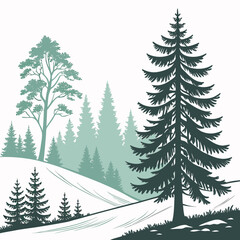 Obraz premium A large pine tree on a snowy hill with smaller trees