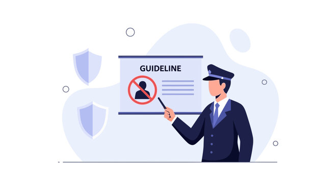 Man in uniform presents guideline with prohibition symbol on screen