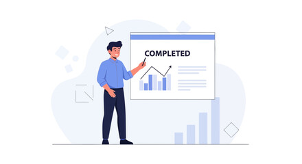 Obraz premium Man presenting successful business growth chart with 'COMPLETED' on screen