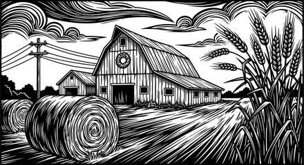 Rustic farm landscape with wooden barn hay bales and wheat field in vintage black and white woodcut vector style illustration design. © Ahsan