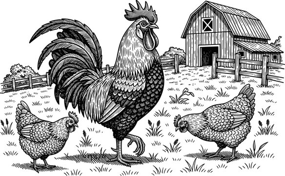 Rustic farm landscape with rooster and hens standing in front of wooden barn in vintage woodcut vector style illustration design.