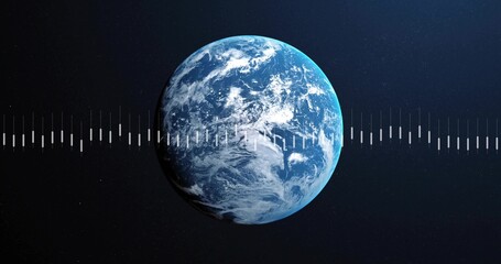 Fototapeta premium Incoming broadcast signal initiating scene, Earth rotating while waveform scanning equator for data