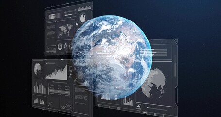 Fototapeta premium Displaying Earth globe centered in orbital view, showing holographic UI panels with charts, gauges