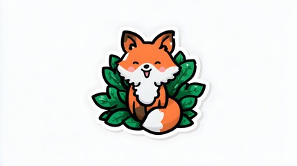 Obraz premium Cute Cartoon Fox Sitting Among Green Leaves Illustration.