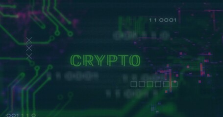 Fototapeta premium Glowing neon-green word CRYPTO pulsing across digital UI, with PCB traces and glitch artifacts