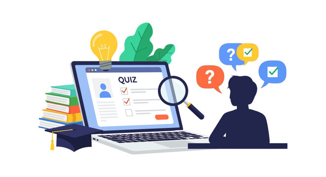 Online Quiz and Examination Concept. Student Taking Digital Assessment on Laptop, E-Learning, Study and Knowledge Acquisition Illustration.