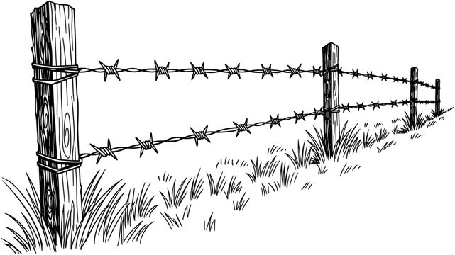 Vintage hand drawn barbed wire fence with wooden posts vector illustration for farm security border control and rural countryside landscape design.