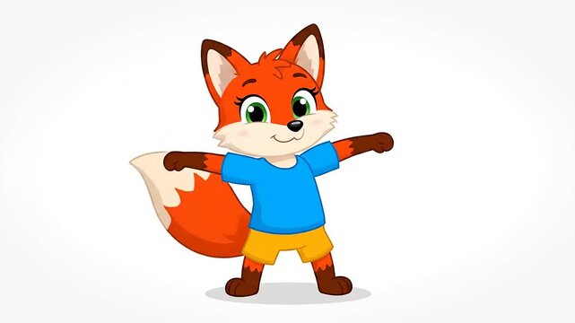 Cartoon fox character, stretching arms. Whimsical, cute animation, playful exercise, vector art. Fitness for kids. Joyful, happy activity.
