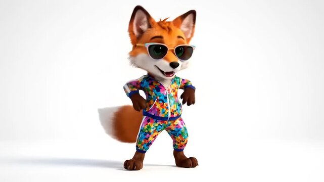 Confident cool fox in funky tracksuit, sunglasses, cartoon style, standing isolated on white. Party animal character ready for fun and adventure.