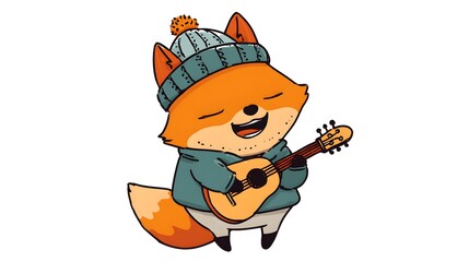 Obraz premium Cute cartoon fox playing guitar and singing happily in winter clothes.