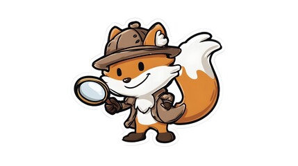 Obraz premium Cute Cartoon Fox Detective Holding Magnifying Glass and Wearing Hat.