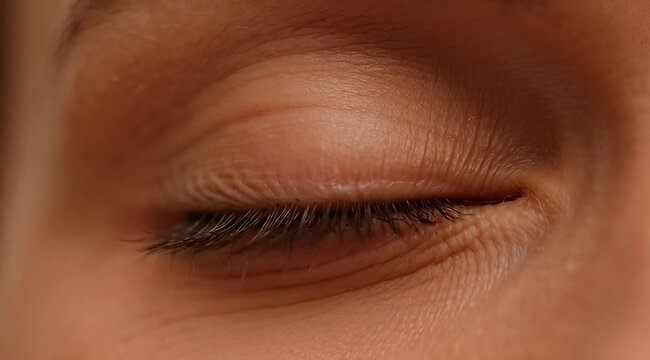 Macro shot of a closed human eye showing eyelashes and skin texture