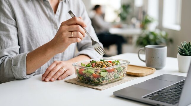 Fresh Salad and Laptop: A Healthy Work Lunch Break in Modern Office