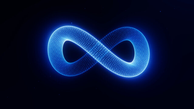 Glowing wireframe infinity symbol on dark background. Blue futuristic loop sign with digital mesh, luminous geometry and abstract technology style.