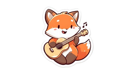 Obraz premium Cute Cartoon Fox Playing Guitar with Musical Notes.