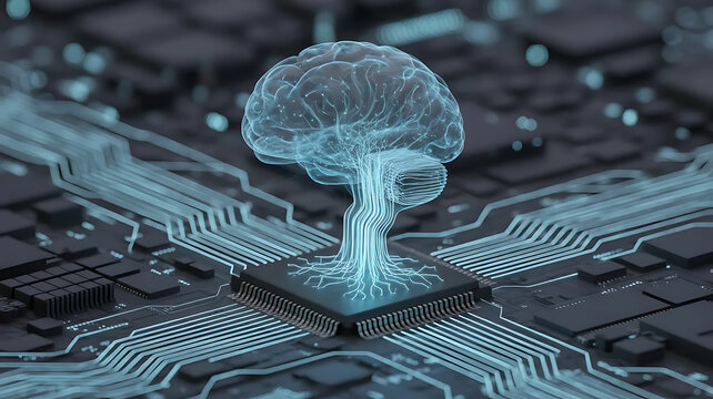 Artificial intelligence brain neural network growing from microchip processor on futuristic motherboard technology concept