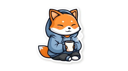 Obraz premium Cute Cartoon Fox Wearing a Hoodie Holding a Coffee Cup.