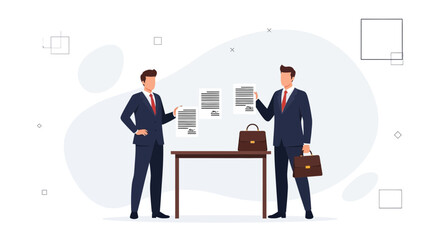 Obraz premium Businessmen reviewing documents and contracts at a table, corporate concept