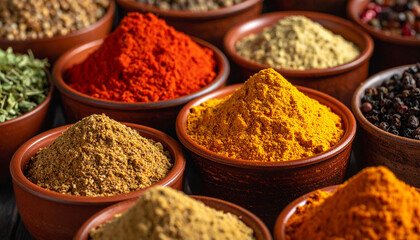 Various ground spices in clay bowls © meshpoint