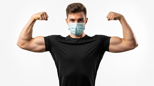 A muscular man wearing a blue surgical mask flexes his arms