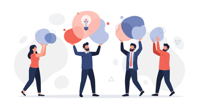 Teamwork and Innovation: People holding abstract shapes and a lightbulb idea symbol