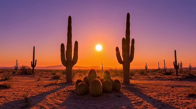 Serene desert vista featuring towering saguaro cacti bathed in the warm golden light of sunset