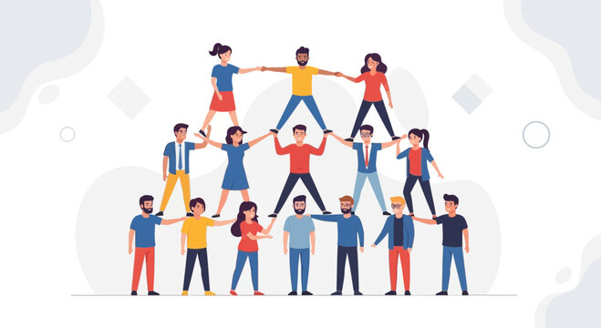 Teamwork Pyramid: Diverse People Building Human Tower, Unity, Support, Success