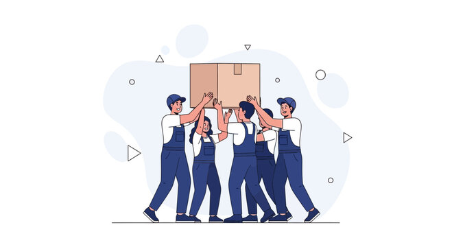 Teamwork moving heavy box, movers carrying package together, teamwork and collaboration concept
